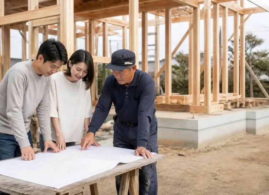 建築中の家の前で図面を確かめる施主と大工(イメージ)