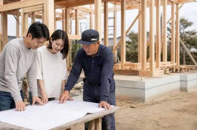 建築中の家の前で図面を確かめる施主と大工